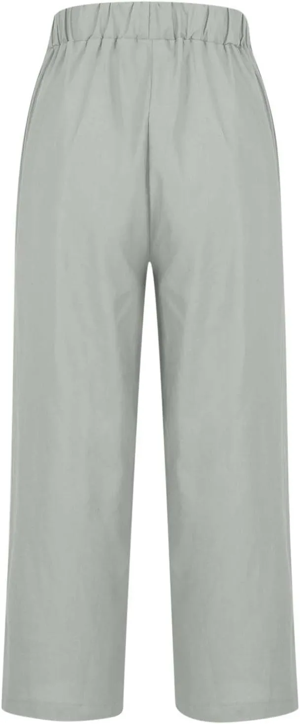 Linen Capri Pants for Women High Waisted Wide Leg Lounge Pant Comfy Soft Trousers Casual Resort Wear