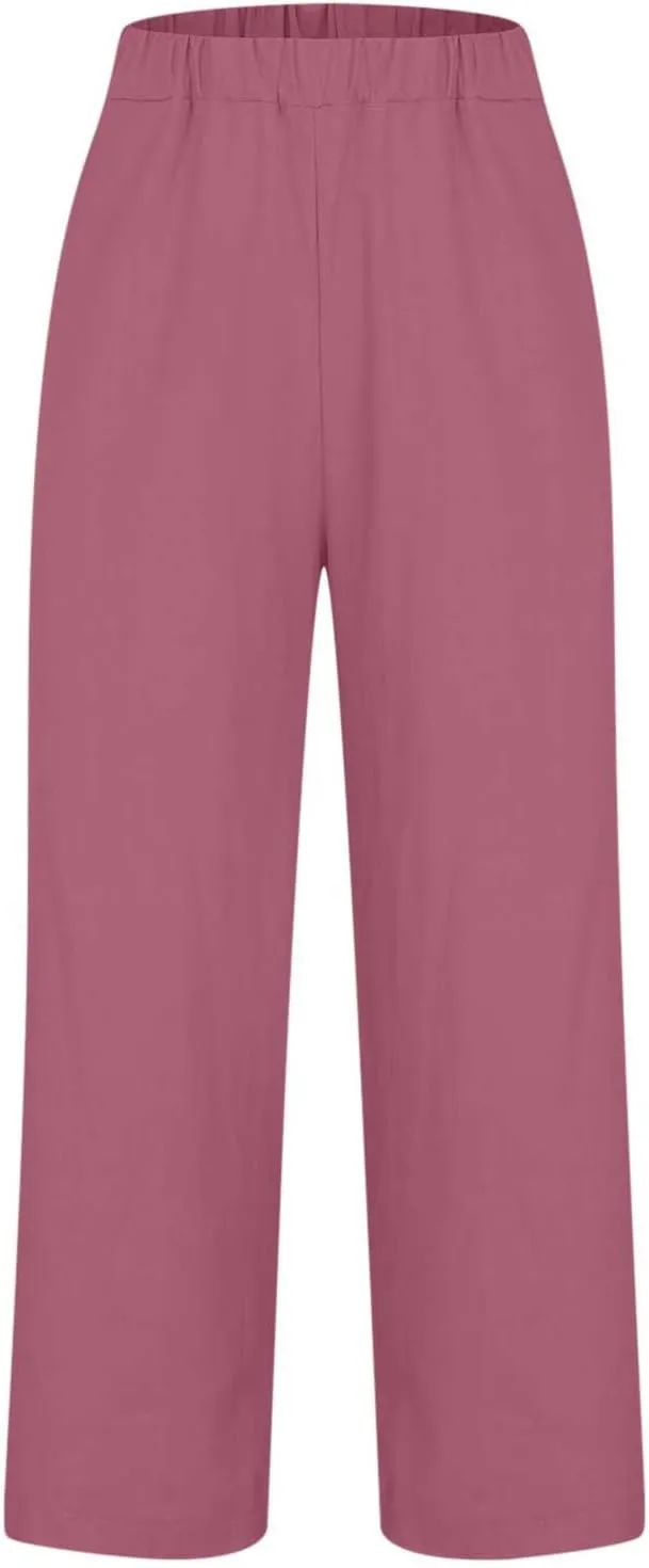 Linen Capri Pants for Women High Waisted Wide Leg Lounge Pant Comfy Soft Trousers Casual Resort Wear