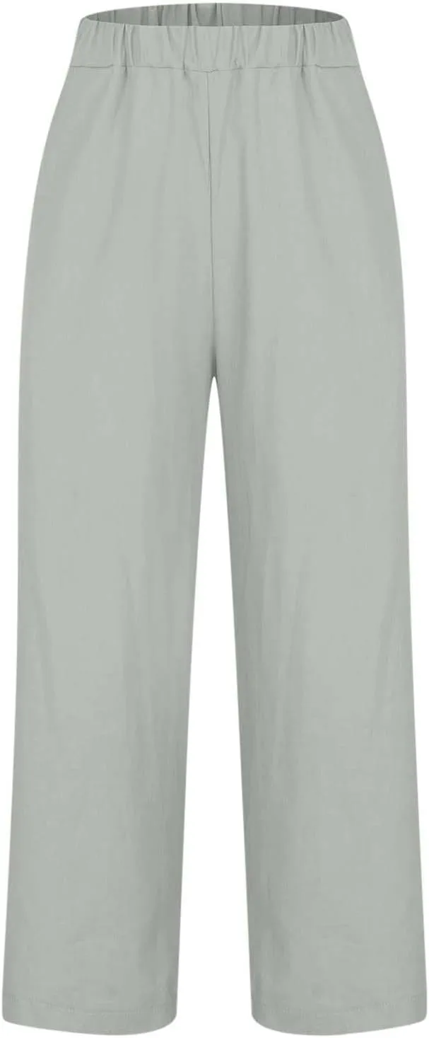 Linen Capri Pants for Women High Waisted Wide Leg Lounge Pant Comfy Soft Trousers Casual Resort Wear