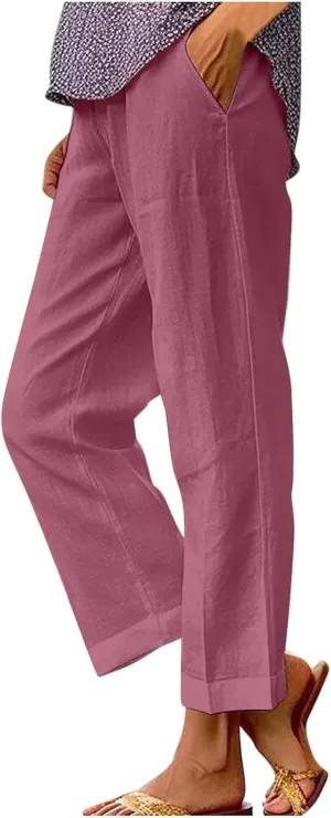 Linen Capri Pants for Women High Waisted Wide Leg Lounge Pant Comfy Soft Trousers Casual Resort Wear
