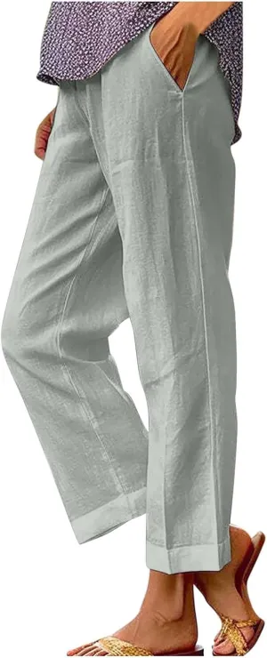 Linen Capri Pants for Women High Waisted Wide Leg Lounge Pant Comfy Soft Trousers Casual Resort Wear