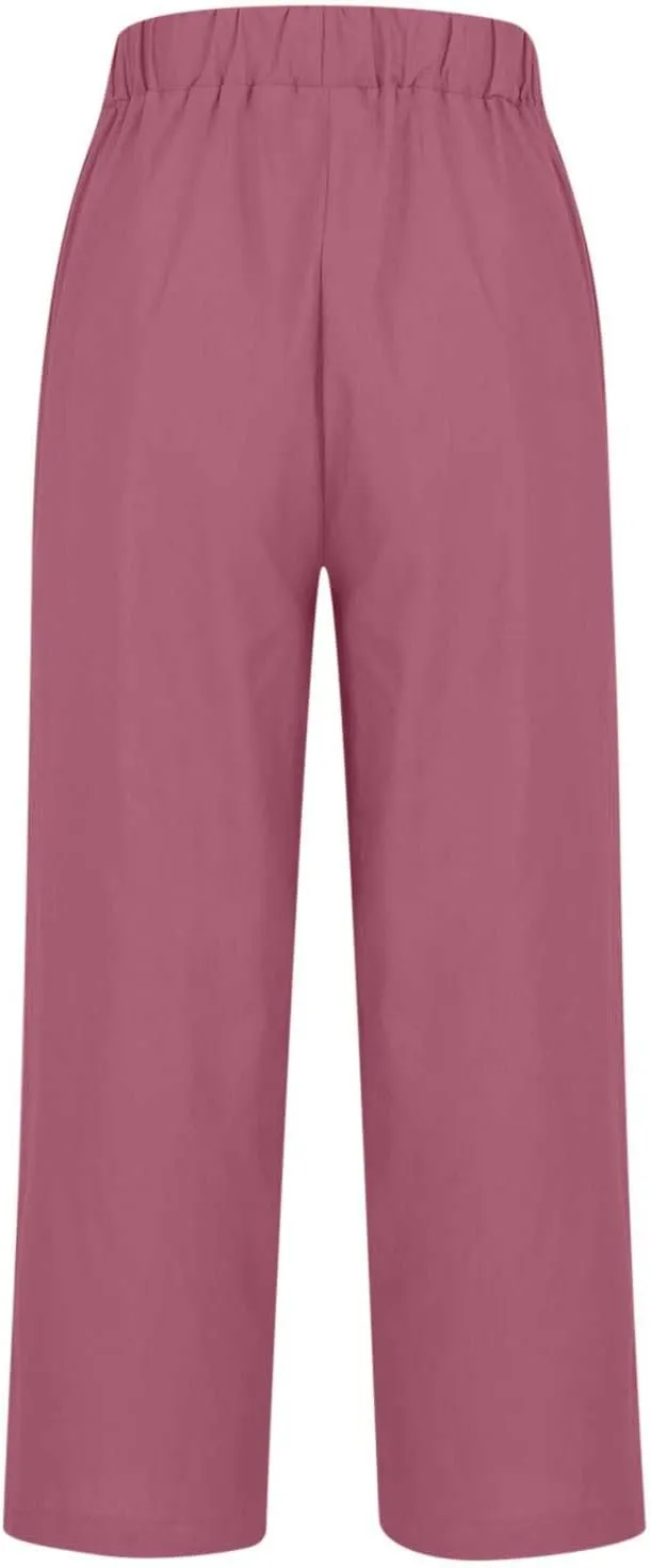 Linen Capri Pants for Women High Waisted Wide Leg Lounge Pant Comfy Soft Trousers Casual Resort Wear