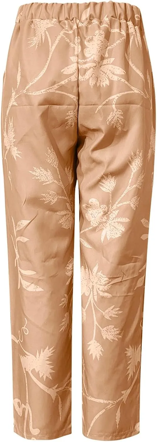 Linen Pants for Women 2025 Summer Casual Drawstring Elastic Trouser Plus Size Lounge Cropped Soft Pants with Pockets