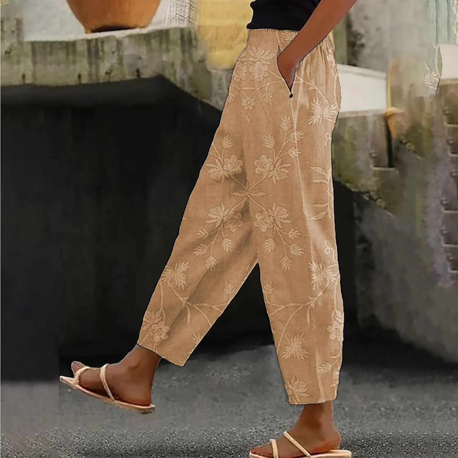 Linen Pants for Women 2025 Summer Casual Drawstring Elastic Trouser Plus Size Lounge Cropped Soft Pants with Pockets