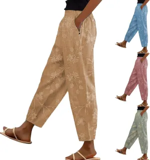 Linen Pants for Women 2025 Summer Casual Drawstring Elastic Trouser Plus Size Lounge Cropped Soft Pants with Pockets
