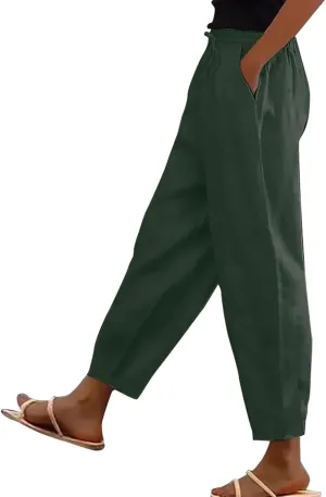 Linen Pants for Women 2025 Summer Casual Drawstring Elastic Trouser Striped Lounge Cropped Soft Pants with Pockets