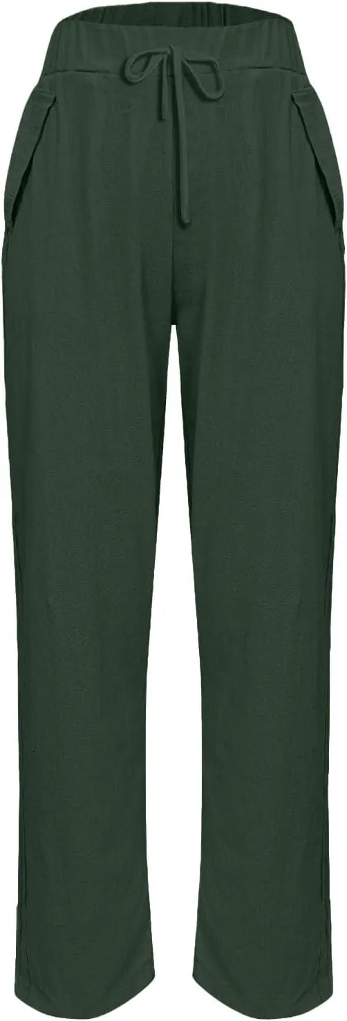Linen Pants for Women 2025 Summer Casual Drawstring Elastic Trouser Striped Lounge Cropped Soft Pants with Pockets