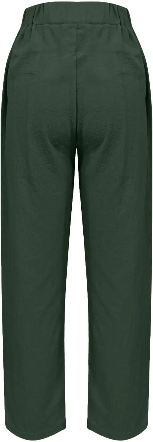 Linen Pants for Women 2025 Summer Casual Drawstring Elastic Trouser Striped Lounge Cropped Soft Pants with Pockets