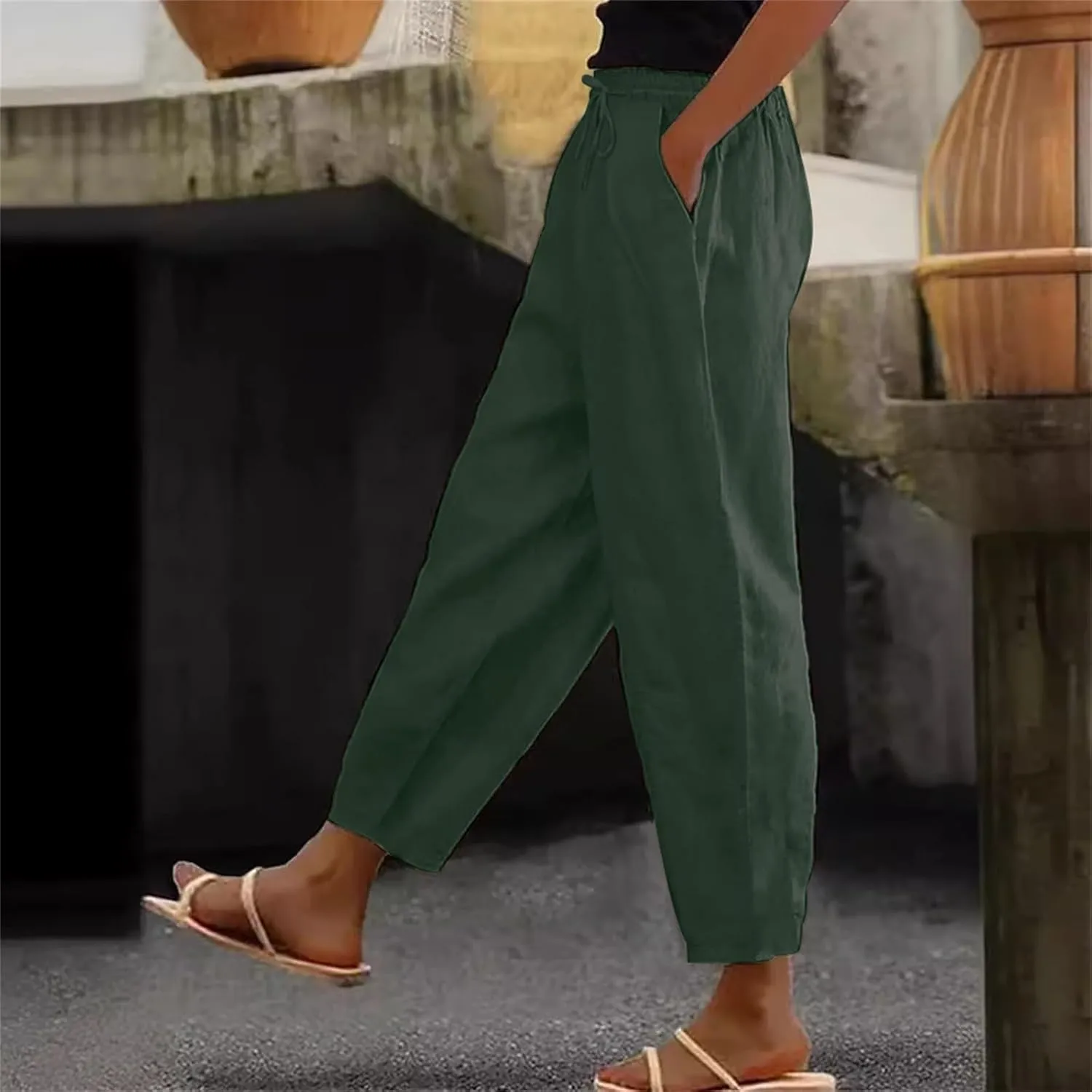 Linen Pants for Women 2025 Summer Casual Drawstring Elastic Trouser Striped Lounge Cropped Soft Pants with Pockets