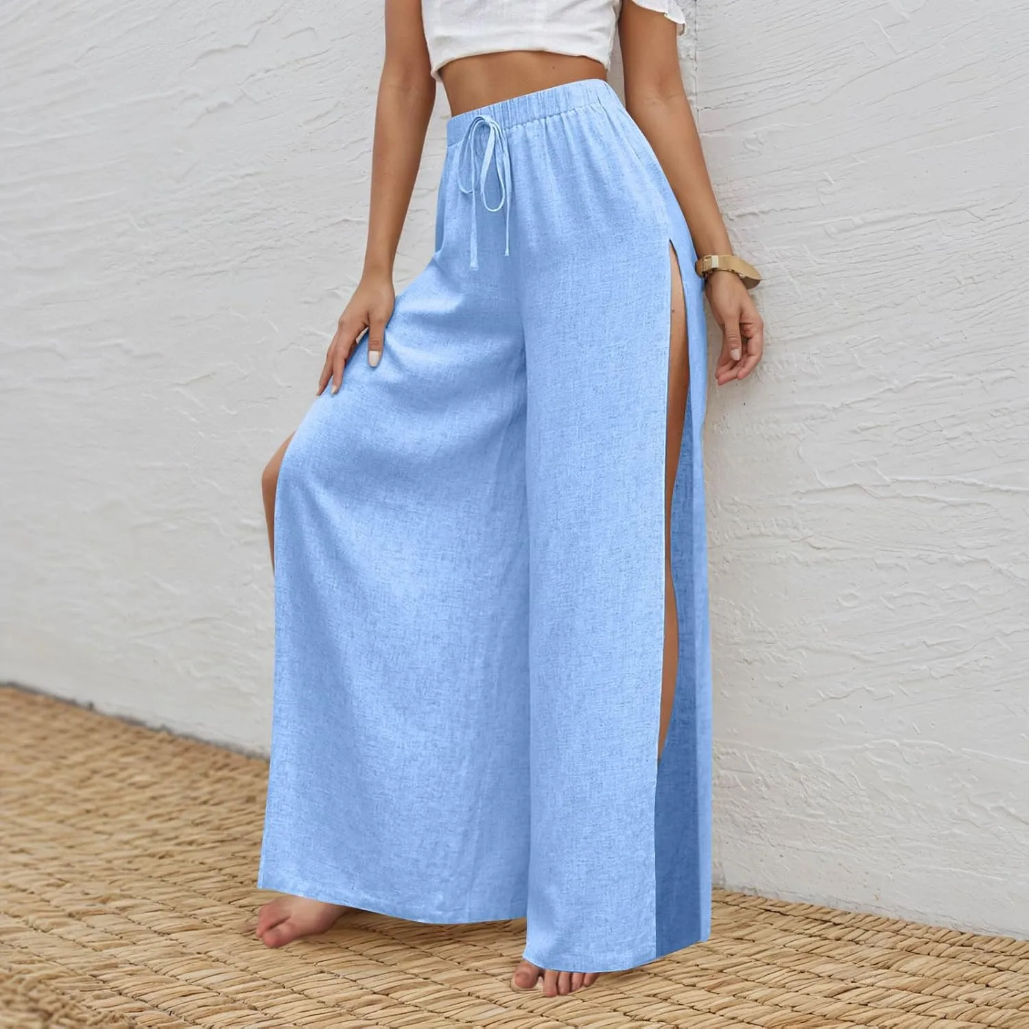 Linen Pants for Women Beach Wide Leg Side Split Ankle Palazzo Pants Drawstring Elastic Waist Summer Flowy Trousers