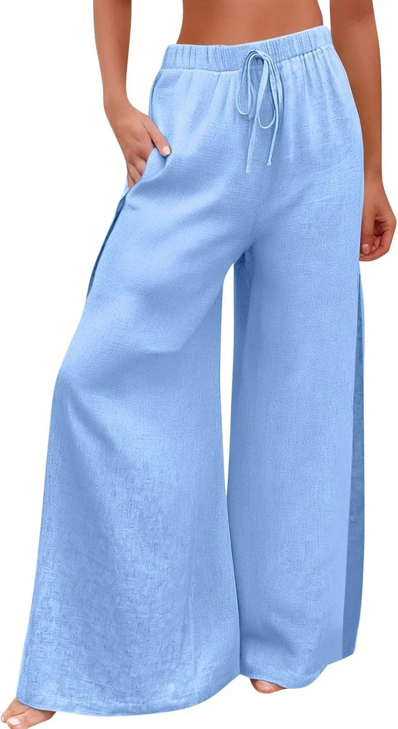 Linen Pants for Women Beach Wide Leg Side Split Ankle Palazzo Pants Drawstring Elastic Waist Summer Flowy Trousers