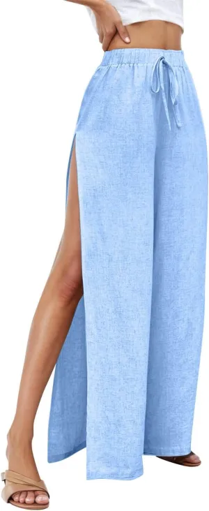 Linen Pants for Women Beach Wide Leg Side Split Ankle Palazzo Pants Drawstring Elastic Waist Summer Flowy Trousers