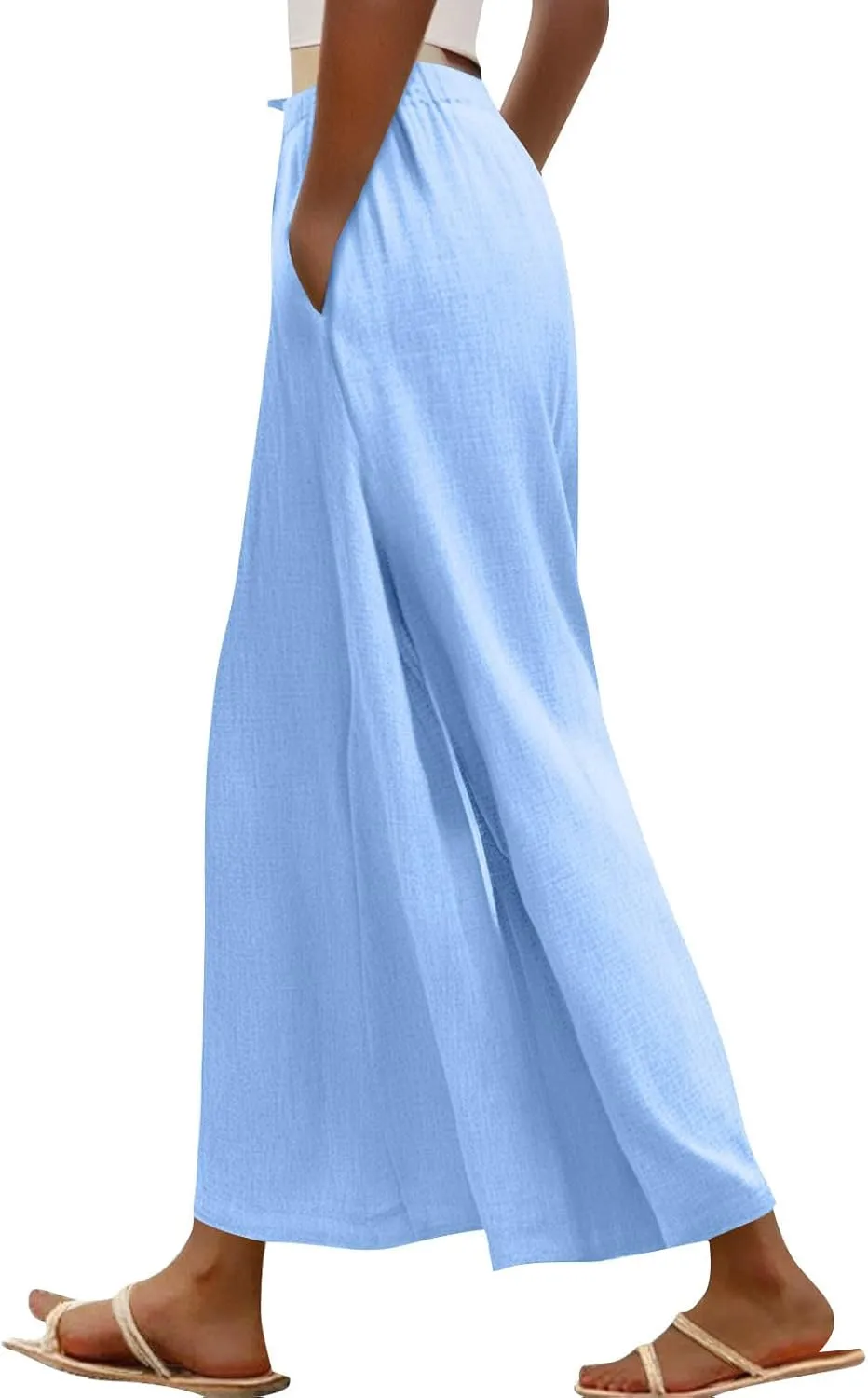 Linen Pants for Women Beach Wide Leg Side Split Ankle Palazzo Pants Drawstring Elastic Waist Summer Flowy Trousers