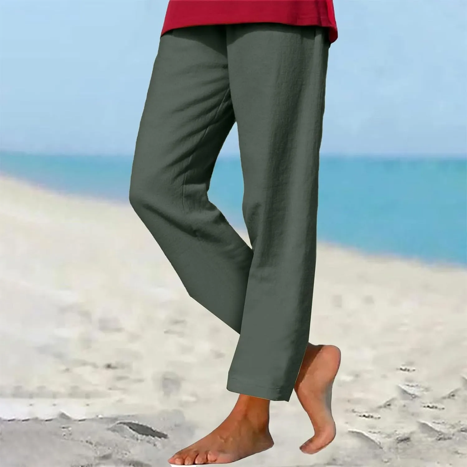 Linen Pants for Women Summer Lightweight Drawstring Waisted Casual Trousers Wide Leg Beach Lounge Pants with Pockets