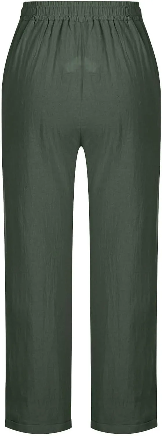 Linen Pants for Women Summer Lightweight Drawstring Waisted Casual Trousers Wide Leg Beach Lounge Pants with Pockets