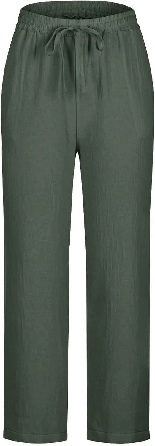 Linen Pants for Women Summer Lightweight Drawstring Waisted Casual Trousers Wide Leg Beach Lounge Pants with Pockets