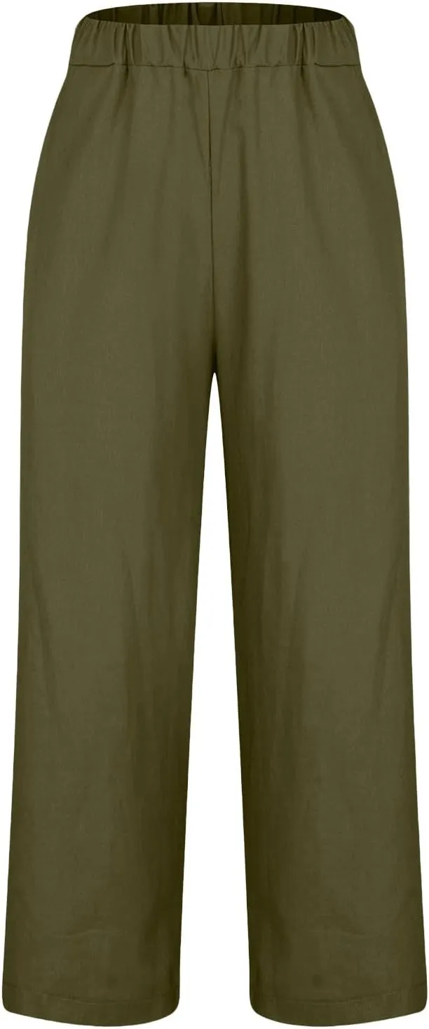 Linen Pants Women 2025 Summer Elastic High Waist Straight Leg Lounge Pant Casual Beach Comfy Soft Trouser Resort Wear