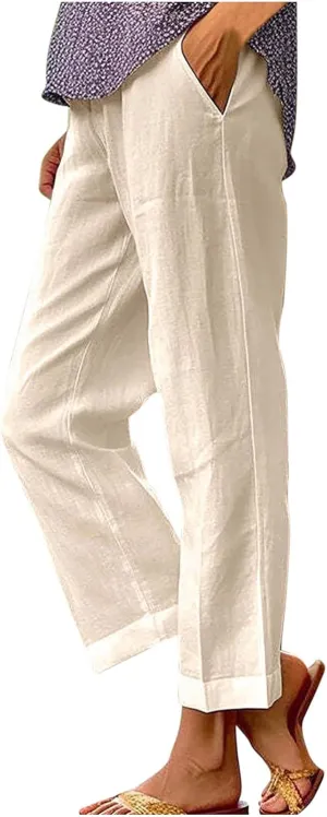 Linen Pants Women 2025 Summer Elastic High Waist Straight Leg Lounge Pant Casual Beach Comfy Soft Trouser Resort Wear