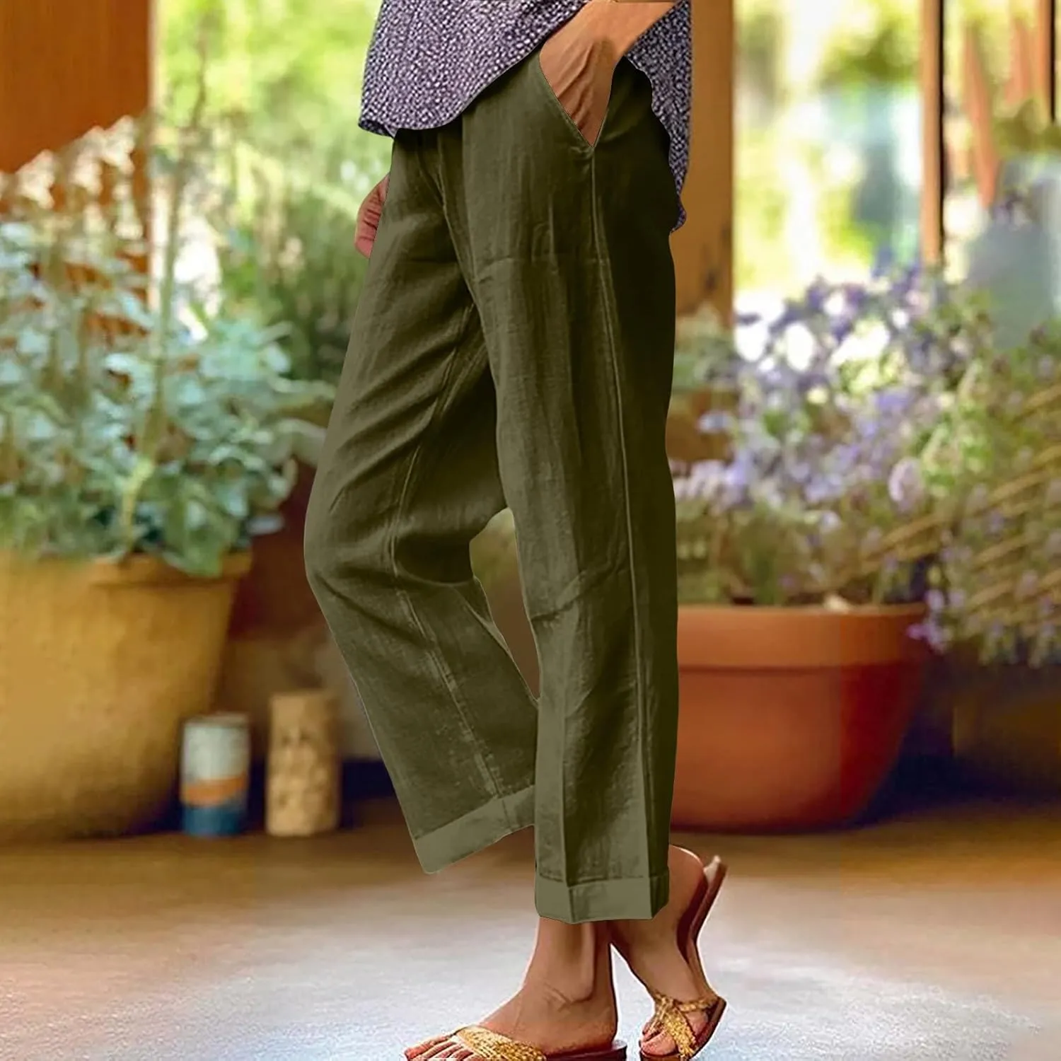 Linen Pants Women 2025 Summer Elastic High Waist Straight Leg Lounge Pant Casual Beach Comfy Soft Trouser Resort Wear