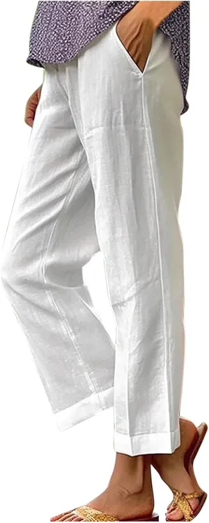 Linen Pants Women 2025 Summer Elastic High Waist Straight Leg Lounge Pant Casual Beach Comfy Soft Trouser Resort Wear