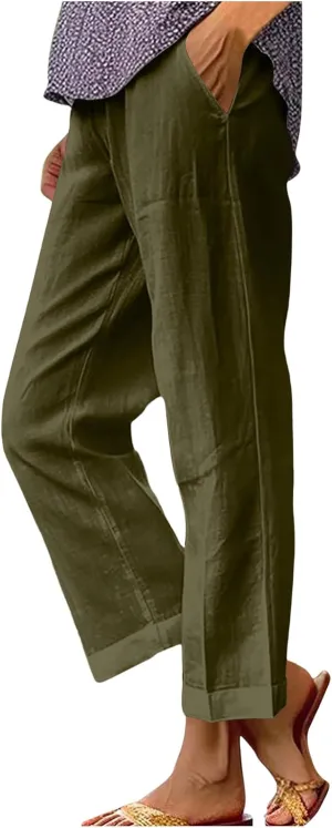 Linen Pants Women 2025 Summer Elastic High Waist Straight Leg Lounge Pant Casual Beach Comfy Soft Trouser Resort Wear