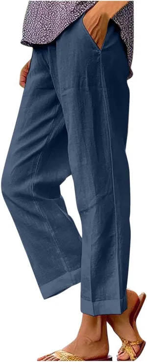 Linen Pants Women Comfy Elastic Waist Lightweight Boho Trousers with Pockets Soft Cotton Summer Hawaiian Beach Pants