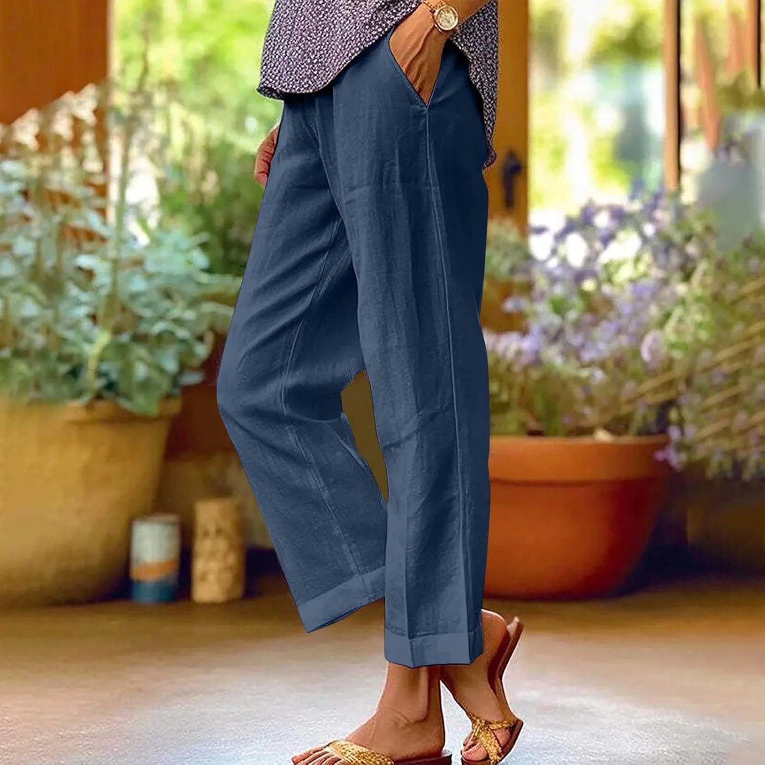 Linen Pants Women Comfy Elastic Waist Lightweight Boho Trousers with Pockets Soft Cotton Summer Hawaiian Beach Pants