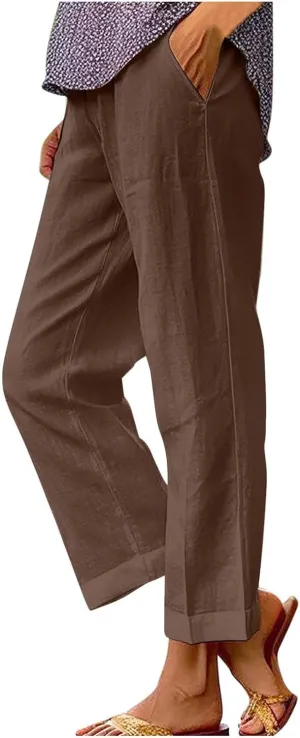 Linen Pants Women Comfy Elastic Waist Lightweight Boho Trousers with Pockets Soft Cotton Summer Hawaiian Beach Pants