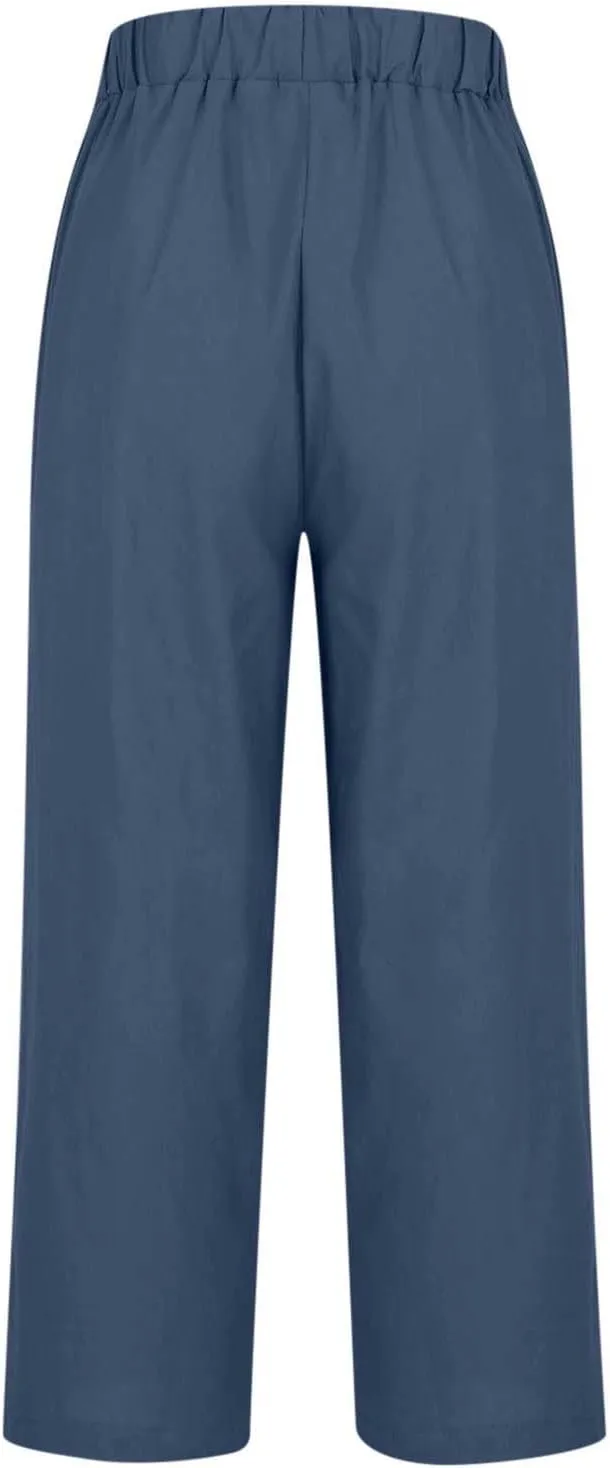 Linen Pants Women Comfy Elastic Waist Lightweight Boho Trousers with Pockets Soft Cotton Summer Hawaiian Beach Pants