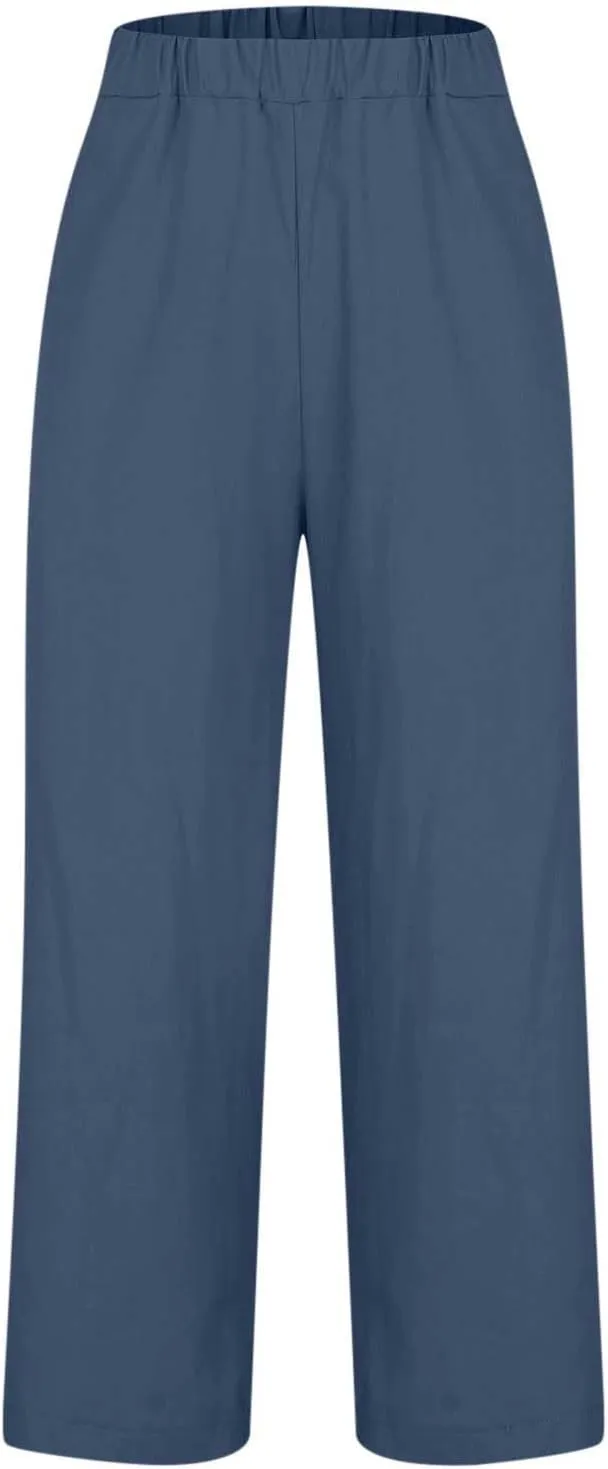 Linen Pants Women Comfy Elastic Waist Lightweight Boho Trousers with Pockets Soft Cotton Summer Hawaiian Beach Pants