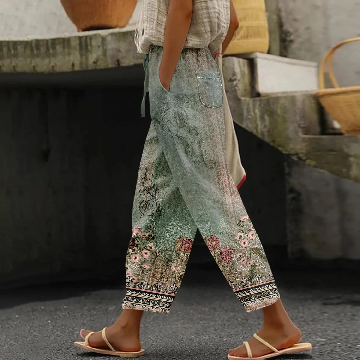 Linen Pants Women Linen Pants Women Women's Linen Blend High Waisted Straight Pants, Soft Elastic Waistband