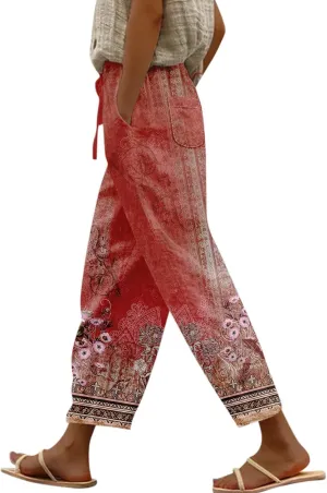 Linen Pants Women Linen Pants Women Women's Linen Blend High Waisted Straight Pants, Soft Elastic Waistband