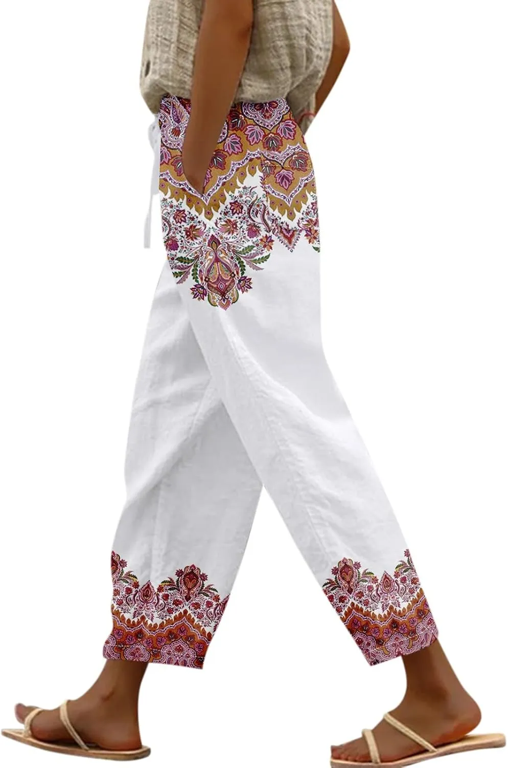 Linen Pants Women Linen Pants Women Women's Linen Blend High Waisted Straight Pants, Soft Elastic Waistband