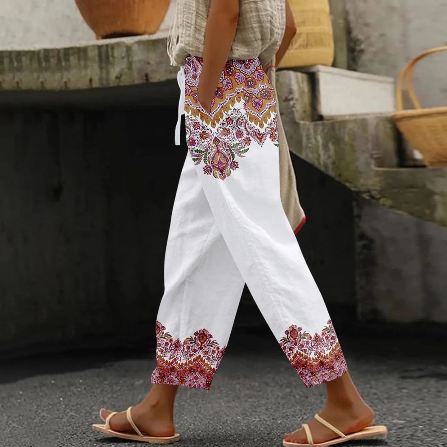 Linen Pants Women Linen Pants Women Women's Linen Blend High Waisted Straight Pants, Soft Elastic Waistband