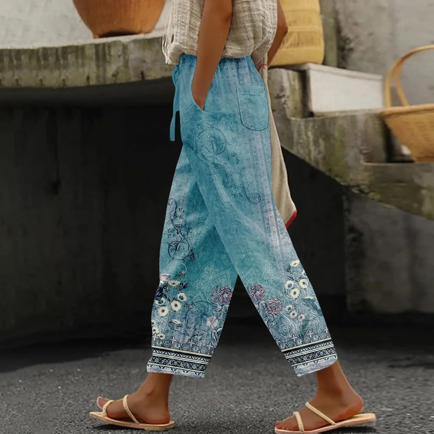 Linen Pants Women Linen Pants Women Women's Linen Blend High Waisted Straight Pants, Soft Elastic Waistband