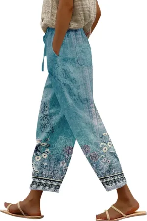 Linen Pants Women Linen Pants Women Women's Linen Blend High Waisted Straight Pants, Soft Elastic Waistband