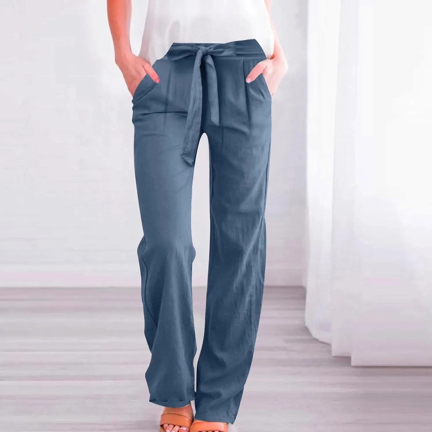 Linen Pants Women Long Summer Vacation Beach Pants Casual Cotton Linen Soft Comfy Lounge Pants Trousers with Pockets