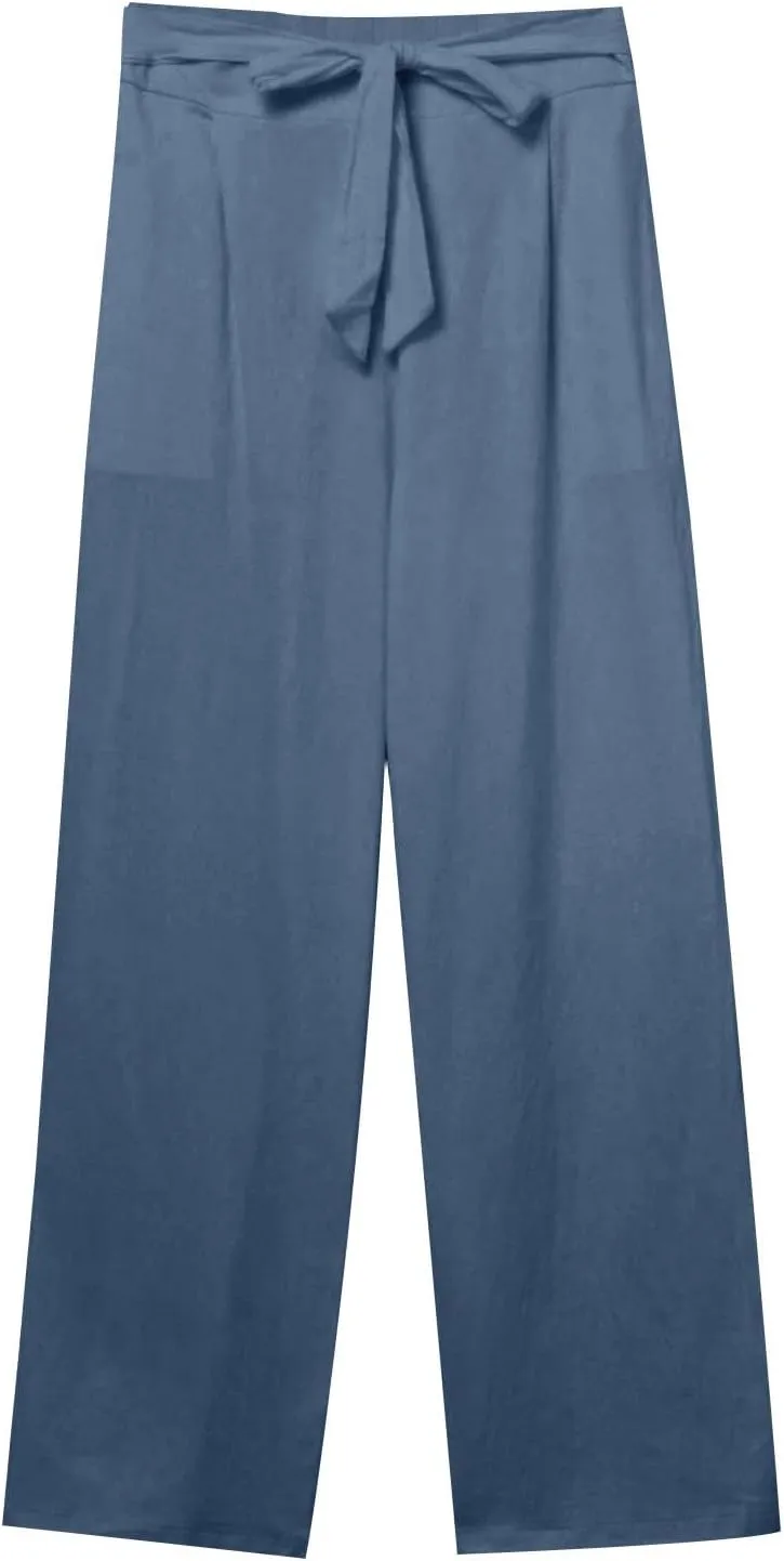 Linen Pants Women Long Summer Vacation Beach Pants Casual Cotton Linen Soft Comfy Lounge Pants Trousers with Pockets