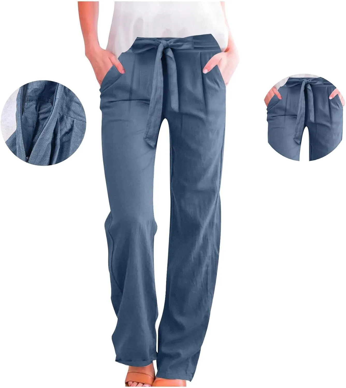 Linen Pants Women Long Summer Vacation Beach Pants Casual Cotton Linen Soft Comfy Lounge Pants Trousers with Pockets