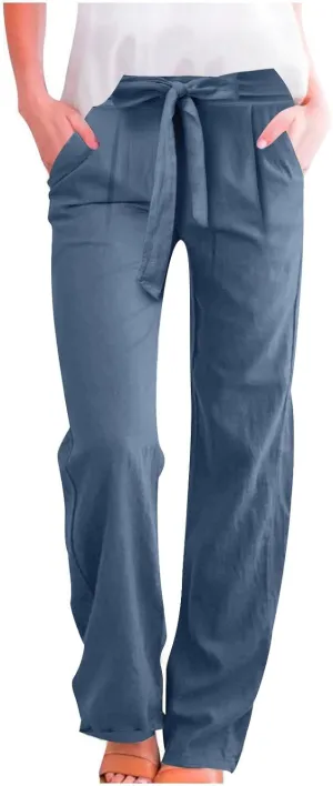 Linen Pants Women Long Summer Vacation Beach Pants Casual Cotton Linen Soft Comfy Lounge Pants Trousers with Pockets