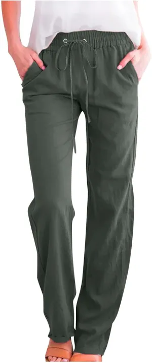 Linen Pants Women Straight Wide Leg Pants High Waisted Casual Summer Pants Lounge Beach Trousers with Pockets