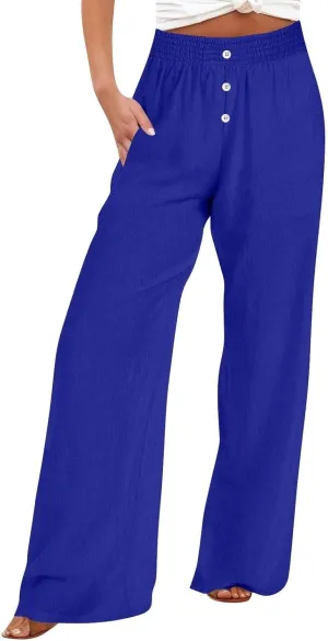 Linen Pants Women, Yoga Beach Wide Leg Palazzo Pants Tall High Waisted Pull On Stretch Waist Lounge Trousers Slacks