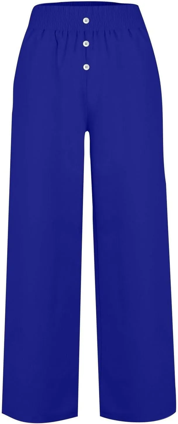Linen Pants Women, Yoga Beach Wide Leg Palazzo Pants Tall High Waisted Pull On Stretch Waist Lounge Trousers Slacks
