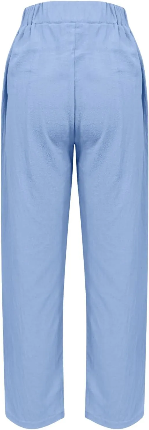 Linen Pants Womens High Waist Loose Pant Plus Drawstring Elastic Waist Trousers with Pockets Summer Casual Crop Slacks