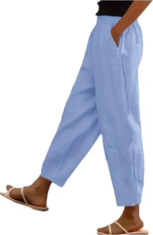 Linen Pants Womens High Waist Loose Pant Plus Drawstring Elastic Waist Trousers with Pockets Summer Casual Crop Slacks