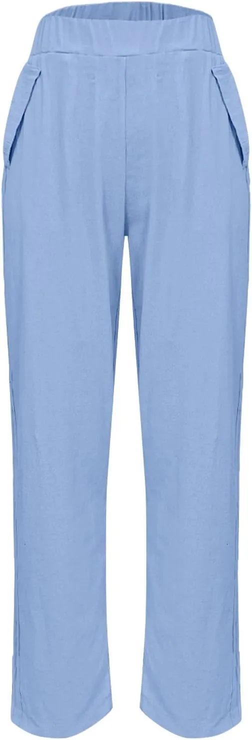Linen Pants Womens High Waist Loose Pant Plus Drawstring Elastic Waist Trousers with Pockets Summer Casual Crop Slacks