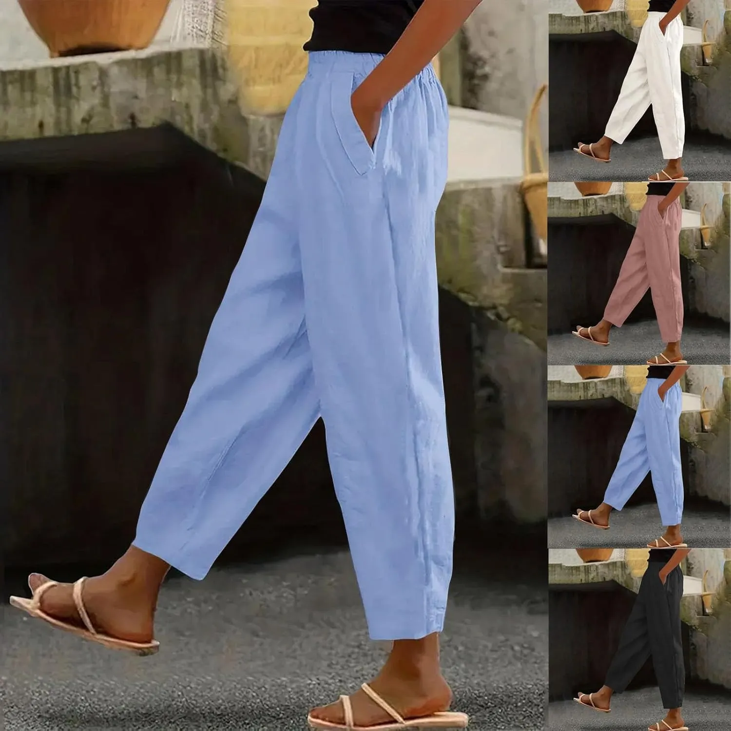 Linen Pants Womens High Waist Loose Pant Plus Drawstring Elastic Waist Trousers with Pockets Summer Casual Crop Slacks