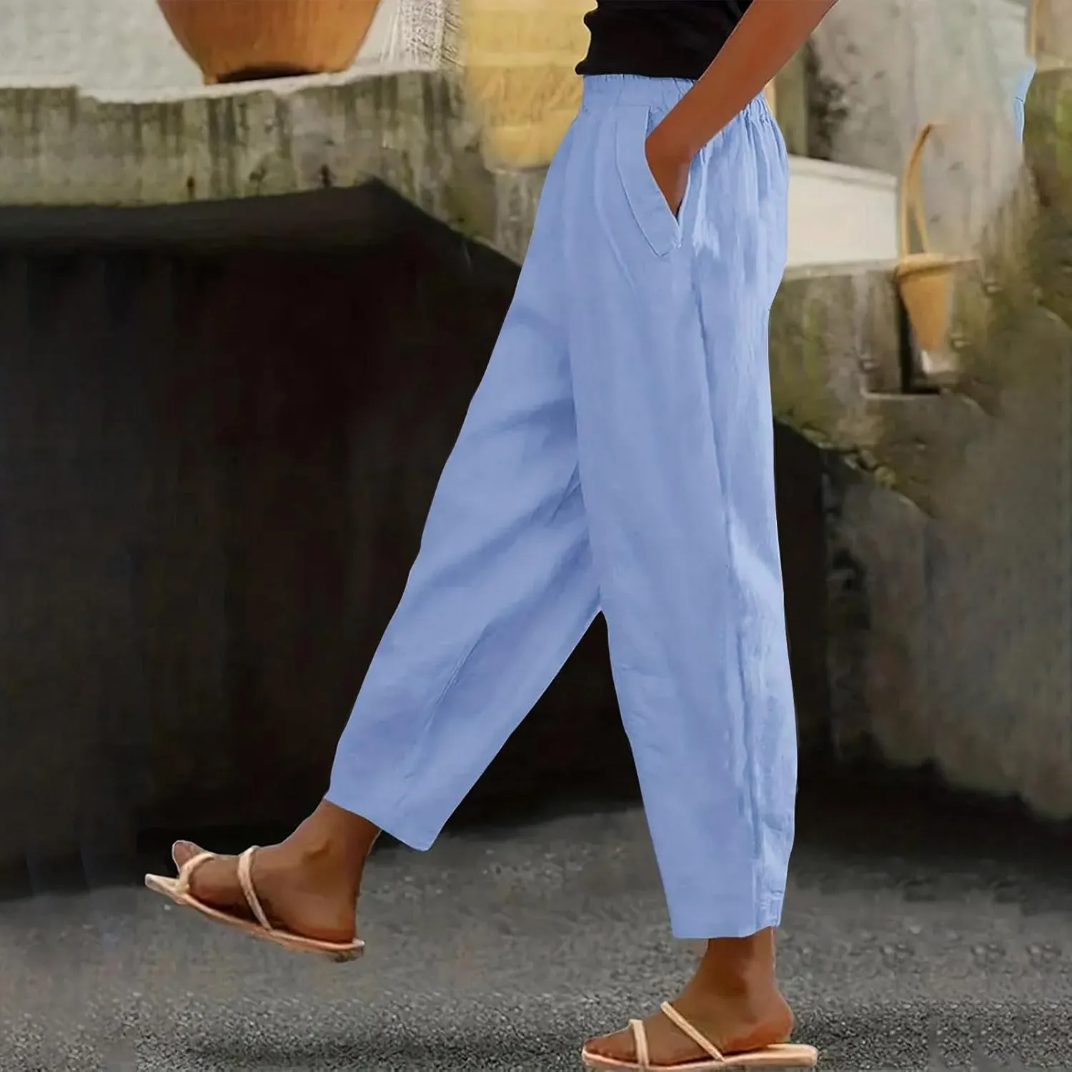 Linen Pants Womens High Waist Loose Pant Plus Drawstring Elastic Waist Trousers with Pockets Summer Casual Crop Slacks