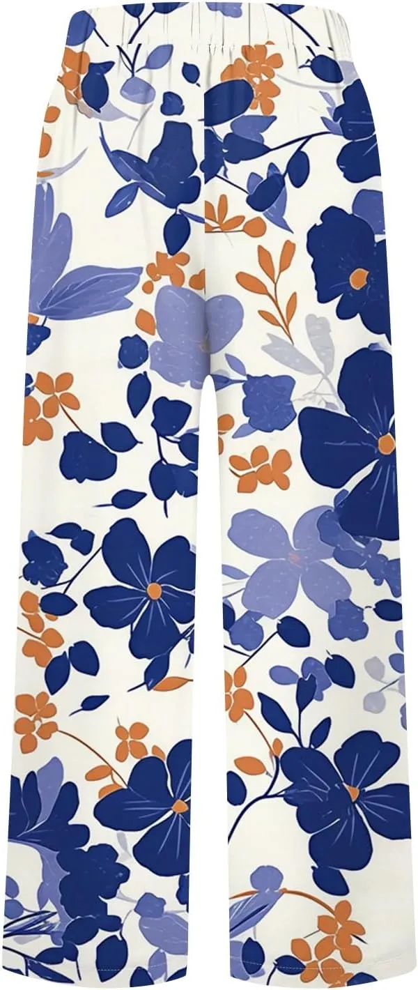 Linen Tall Pants for Women Summer Loose Fit Elastic Waist Wide Leg Pants Soft High Waist Straight Floral Print Outfits