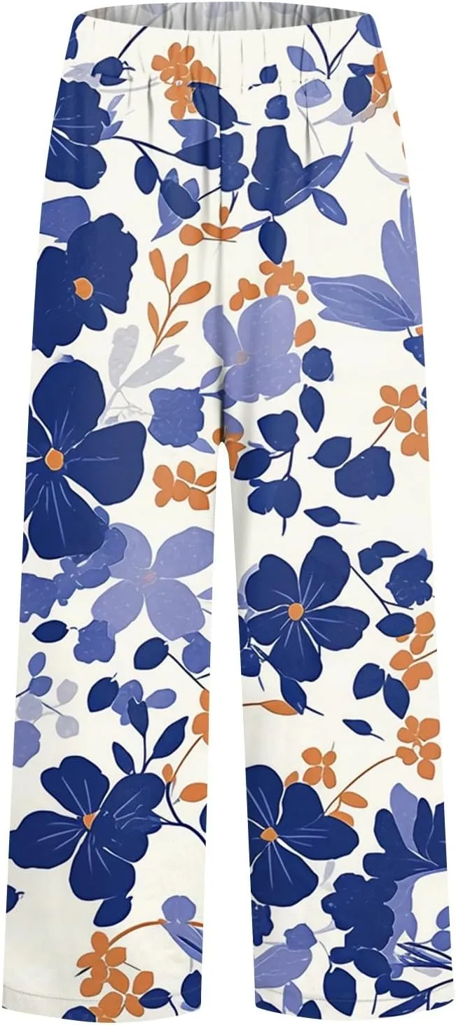 Linen Tall Pants for Women Summer Loose Fit Elastic Waist Wide Leg Pants Soft High Waist Straight Floral Print Outfits